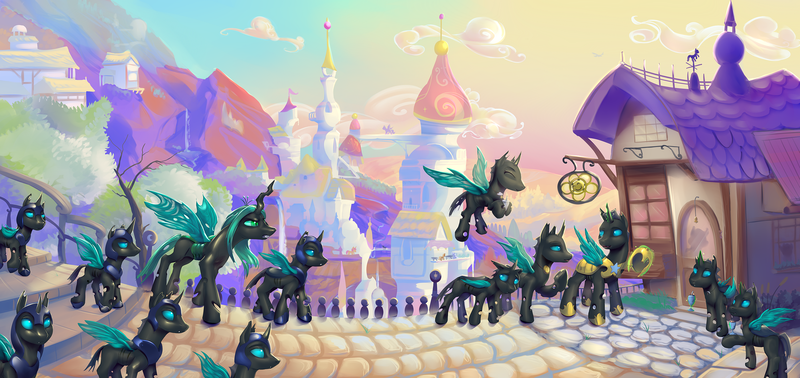 Size: 3000x1419 | Tagged: armor, artist:viwrastupr, canterlot, changeling, changeling oc, changeling officer, changeling queen, derpibooru import, fanfic, fanfic:a new way, fanfic art, fanfic cover, female, helmet, magic, oc, oc:cara, oc:chirrup, oc:nictis, oc:skiris, oc:sky, oc:trip, queen chrysalis, royal guard armor, safe, telekinesis