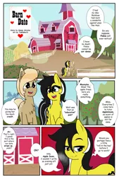 Size: 2764x4095 | Tagged: suggestive, artist:takaneko13, derpibooru import, oc, oc:appledaze, oc:zedwin, unofficial characters only, earth pony, pony, comic:barn date, bedroom eyes, comic, heterochromia, implied sex, oc x oc, shipping