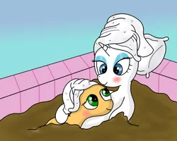 Size: 2000x1600 | Tagged: safe, artist:amateur-draw, derpibooru import, applejack, rarity, earth pony, pony, unicorn, blushing, cute, female, lesbian, looking at each other, mud, mud bath, muddy, rarijack, romance, romantic, shipping, spa, towel, wet and messy