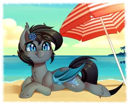 Size: 2130x1743 | Tagged: safe, artist:thegamblehorse, deleted from derpibooru, derpibooru import, oc, oc:seachell, unofficial characters only, bat pony, pony, bat pony oc, bat wings, beach, blue eyes, fangs, female, flower, flower in hair, mare, ocean, smiling, umbrella, wings