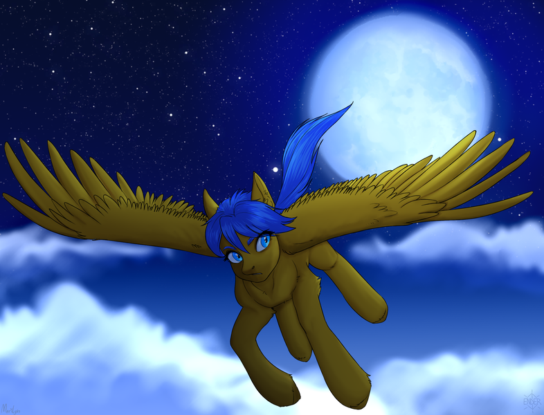 Size: 2672x2040 | Tagged: safe, artist:enderbee, artist:marilyn, derpibooru import, oc, oc:crushingvictory, unofficial characters only, pegasus, pony, cloud, collaboration, fluffy, full moon, male, moon, solo, spread wings, stallion, stars, wings