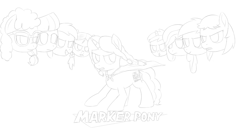 Size: 2397x1324 | Tagged: artist needed, safe, derpibooru import, boysenberry, lily longsocks, noi, peach fuzz, ruby pinch, tornado bolt, twist, oc, oc:marker pony, earth pony, pony, unicorn, /mlp/, 4chan, cape, clothes, female, filly, glasses, mare, mlpg, monochrome, simple background, white background