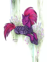 Size: 612x792 | Tagged: safe, artist:kiriska, derpibooru import, tempest shadow, pony, armor, broken horn, eye scar, eyes closed, female, horn, mare, prone, scar, solo, traditional art