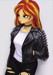 Size: 1158x1638 | Tagged: safe, artist:agaberu, derpibooru import, sunset shimmer, equestria girls, choker, chromatic aberration, clothes, collar, ear piercing, eyeshadow, female, hands in pockets, jacket, leather jacket, makeup, piercing, shirt, simple background, solo, spiked choker, spiked collar, studs, torn clothes, torn jeans, white background