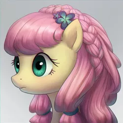 Size: 1158x1158 | Tagged: safe, artist:agaberu, derpibooru import, fluttershy, pegasus, pony, alternate hairstyle, beautiful, bust, chromatic aberration, female, flower, flower in hair, hair ornament, looking away, mare, portrait, simple background, solo, thousand yard stare, three quarter view