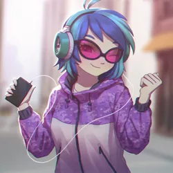 Size: 1158x1158 | Tagged: safe, artist:agaberu, derpibooru import, vinyl scratch, equestria girls, chromatic aberration, clothes, cute, female, headphones, hoodie, looking at you, music player, one eye closed, phone, smiling, solo, sunglasses, vinylbetes, wink