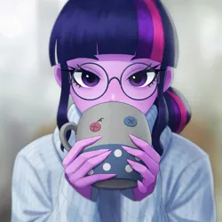 Size: 1158x1158 | Tagged: safe, artist:agaberu, derpibooru import, sci-twi, smarty pants, twilight sparkle, equestria girls, bust, clothes, drinking, glasses, long nails, looking at you, mug, ponytail, sweater