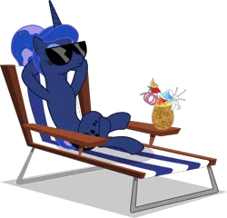 Size: 2162x2079 | Tagged: safe, artist:sonofaskywalker, derpibooru import, princess luna, alicorn, pony, between dark and dawn, beach chair, crazy straw, crossed legs, drink, female, hooves behind head, mare, ponytail, relaxing, simple background, solo, sunglasses, transparent background, vector