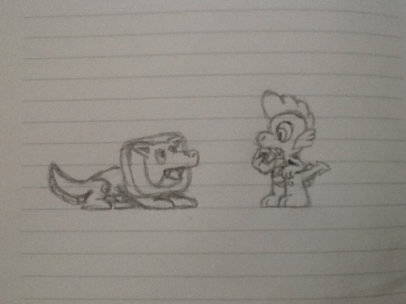 Size: 960x720 | Tagged: artist:tarkan809, confused, derpibooru import, doodle, dragon, dragonified, drawing, i tried, lined paper, meeting, monochrome, notebook, safe, species swap, spike, super mario maker, super mario maker 2, traditional art, undo dog, undodog