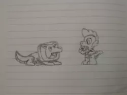 Size: 960x720 | Tagged: artist:tarkan809, confused, derpibooru import, doodle, dragon, dragonified, drawing, i tried, lined paper, meeting, monochrome, notebook, safe, species swap, spike, super mario maker, super mario maker 2, traditional art, undo dog, undodog