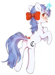 Size: 1461x1969 | Tagged: safe, artist:dagmell, derpibooru import, oc, oc:clair, oc:clairvoyance, pony, unicorn, blackletter, blushing, bow, hair bow, ribbon, simple background, tail bow, tongue out, white background