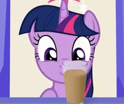 Size: 471x396 | Tagged: safe, artist:forgalorga, derpibooru import, edit, edited screencap, editor:stpinkie, screencap, twilight sparkle, twilight sparkle (alicorn), alicorn, pony, chocolate, chocolate milk, cropped, cute, excited, food, friendship throne, milk, solo, this will end in spilled milk, twiabetes