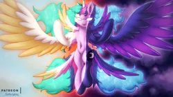 Size: 2880x1620 | Tagged: safe, artist:shad0w-galaxy, derpibooru import, princess celestia, princess luna, twilight sparkle, twilight sparkle (alicorn), alicorn, pony, seraph, seraphicorn, butt wings, female, fusion, glowing eyes, mare, multiple wings, royal sisters, smiling, wings