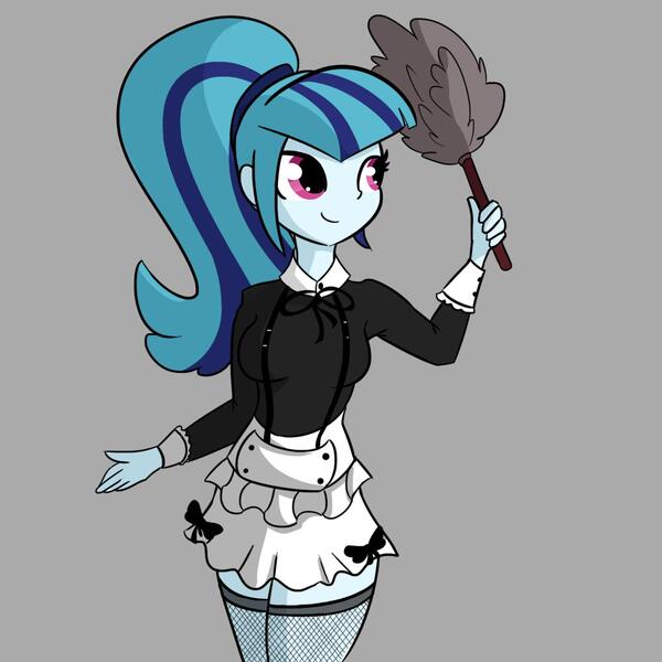 Size: 1280x1280 | Tagged: safe, alternate version, artist:tjpones, derpibooru import, sonata dusk, equestria girls, clothes, cute, duster, female, fishnets, gray background, maid, simple background, smiling, socks, solo, sonatabetes, thigh highs