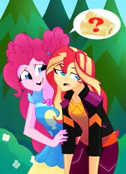 Size: 2379x3264 | Tagged: safe, artist:xan-gelx, derpibooru import, pinkie pie, sunset shimmer, equestria girls, equestria girls series, sunset's backstage pass!, spoiler:eqg series (season 2), churros, duo, duo female, female, food, geode of sugar bombs, magical geodes, music festival outfit, outdoors