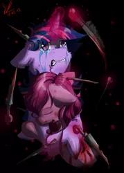 Size: 1164x1627 | Tagged: grimdark, artist:yuris, derpibooru import, pinkie pie, twilight sparkle, earth pony, pony, unicorn, blood, crying, glowing horn, horn, knife, magic, pinkamena diane pie, stabbed, telekinesis