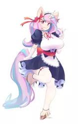 Size: 1003x1600 | Tagged: safe, artist:larkdraws, derpibooru import, oc, oc:pop candy, unofficial characters only, anthro, unguligrade anthro, unicorn, anthro oc, clothes, female, looking at you, maid, peace sign, solo, unshorn fetlocks