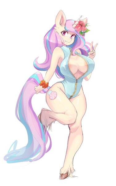 Size: 1003x1600 | Tagged: questionable, alternate version, artist:larkdraws, derpibooru import, oc, oc:pop candy, unofficial characters only, anthro, unguligrade anthro, unicorn, absolute cleavage, anthro oc, areola, areola slip, big breasts, breasts, cleavage, clothes, female, flower, flower in hair, looking at you, one-piece swimsuit, open clothes, peace sign, solo, solo female, swimsuit, unshorn fetlocks, zipper, zipper swimsuit