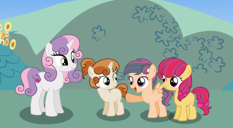 Size: 2692x1488 | Tagged: safe, artist:staricy097, derpibooru import, sweetie belle, oc, oc:ally, oc:pear bloom, oc:rain, earth pony, pegasus, pony, unicorn, female, filly, offspring, older, parent:apple bloom, parent:button mash, parent:sweetie belle, parent:tender taps, parents:sweetiemash, parents:tenderbloom