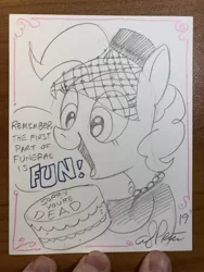 Size: 1536x2048 | Tagged: andy you magnificent bastard, artist:andypriceart, cake, clothes, dark comedy, derpibooru import, food, funeral, idw, monochrome, pinkie pie, safe, smiling, spoiler:comic, traditional art