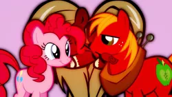 Size: 1280x720 | Tagged: safe, derpibooru import, big macintosh, pinkie pie, earth pony, pony, female, flower, flower in mouth, heart pony, male, mouth hold, pinkiemac, rose, rose in mouth, shipping, straight, wallpaper, yoke