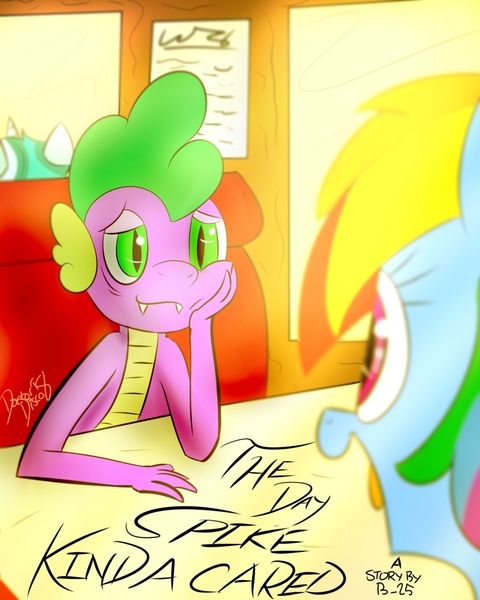 Size: 819x1024 | Tagged: artist needed, source needed, safe, derpibooru import, rainbow dash, spike, dragon, pegasus, pony, booth, date, dating, eyes closed, fanfic art, female, looking at each other, male, mare, paper, rainbowspike, restaurant, shipping, signature, straight, word art