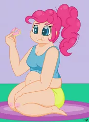 Size: 1548x2124 | Tagged: artist:gblacksnow, bbw, belly, belly button, chubbie pie, chubby, chubby cheeks, derpibooru import, donut, eating, fat, female, food, human, humanized, kneeling, pinkie pie, pudgy pie, safe, solo