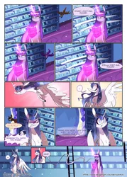 Size: 3500x4900 | Tagged: safe, artist:iheyyasyfox, derpibooru import, twilight sparkle, twilight sparkle (alicorn), oc, oc:starry velvet, oc:stella alba nyx, alicorn, pony, comic:first day of school, absurd resolution, alicorn oc, book, comic, cross-popping veins, female, glowing horn, horn, magic, mare, offspring, parent:flash sentry, parent:twilight sparkle, parents:flashlight, telekinesis, white eyes, wings