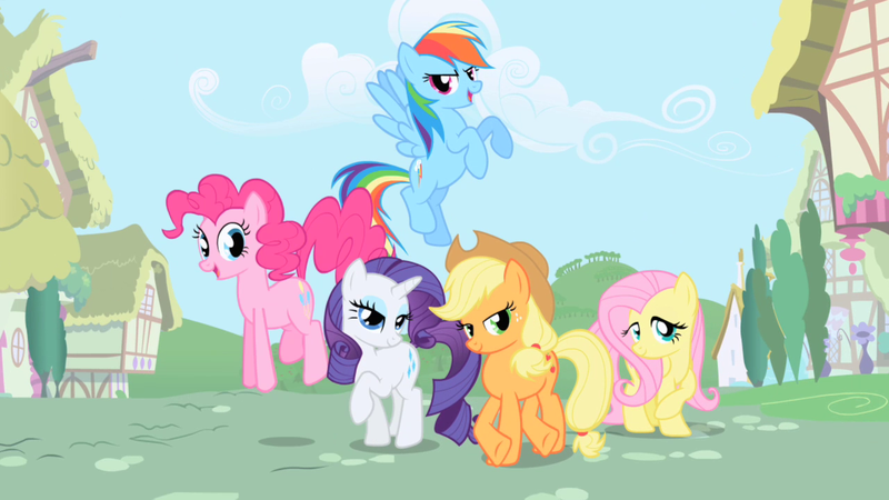 Size: 1280x720 | Tagged: safe, derpibooru import, screencap, applejack, fluttershy, pinkie pie, rainbow dash, rarity, earth pony, pegasus, pony, unicorn, opening, theme song