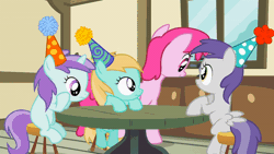 Size: 600x338 | Tagged: safe, derpibooru import, screencap, berry punch, berryshine, liza doolots, petunia, rosy gold, tootsie flute, tornado bolt, earth pony, pegasus, pony, unicorn, pinkie pride, animated, background characters doing background things, background pony, female, filly, foal, hat, hay, hay bale, horses doing horse things, mare, party hat