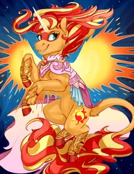 Size: 1700x2200 | Tagged: safe, artist:cuttledreams, derpibooru import, sunset shimmer, ponified, pony, equestria girls, art trade, cloven hooves, daydream shimmer, equestria girls ponified, fiery wings, leonine tail, rearing, smiling, solo, wings
