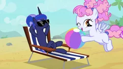 Size: 1920x1080 | Tagged: safe, derpibooru import, screencap, cotton puff, princess luna, alicorn, pegasus, pony, between dark and dawn, alternate hairstyle, background pony, beach, beach ball, beach chair, blank flank, crossed hooves, crossed legs, cute, female, filly, flapping, flying, hair bun, having fun, hooves behind head, looking at someone, reclining, relaxing, smiling, spread wings, sunglasses, tropical, vacation, we don't normally wear clothes, wings