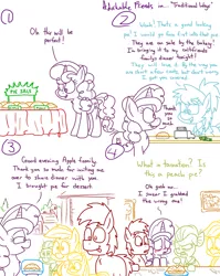 Size: 1280x1611 | Tagged: safe, artist:adorkabletwilightandfriends, derpibooru import, apple bloom, applejack, big macintosh, granny smith, sugar belle, oc, oc:ellen, earth pony, pony, unicorn, comic:adorkable twilight and friends, adorkable, adorkable friends, apple, apple pie, blushing, comic, cute, dessert, dinner, dork, embarrassed, female, food, funny, grocery store, humor, male, peach pie, pie, straight, this will not end well