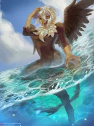 Size: 1620x2160 | Tagged: safe, artist:calypsovantas, derpibooru import, gilda, anthro, digitigrade anthro, gryphon, bubble, claws, cloud, crepuscular rays, female, flowing tail, image, looking at you, ocean, open mouth, partially submerged, png, signature, sky, solo, spread wings, sunlight, swimming, tail, water, wet, wings