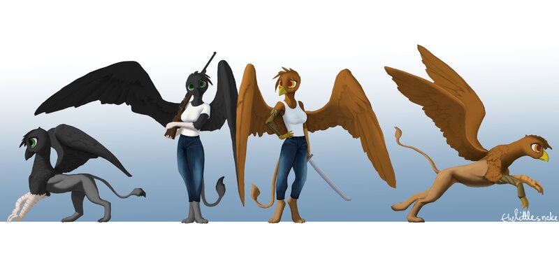 Size: 4096x1911 | Tagged: safe, artist:thelittlesnake, derpibooru import, oc, unofficial characters only, anthro, gryphon, armpits, barely pony related, clothes, duo, gun, jeans, katana, looking at you, pants, sword, weapon, wings