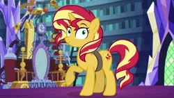 Size: 1920x1080 | Tagged: safe, derpibooru import, screencap, sunset shimmer, pony, unicorn, equestria girls, mirror magic, spoiler:eqg specials, book, bookshelf, cute, cutie mark, female, library, machinery, mare, mirror, portal, raised hoof, solo, twilight's castle, twilight's castle library