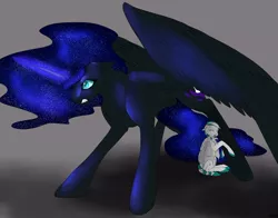 Size: 1280x1001 | Tagged: safe, artist:backlash91, artist:sophiewarrioroflight, derpibooru import, nightmare moon, oc, alicorn, bat pony, hybrid, alicorn oc, crying, horn, magic, protecting, wings, younger