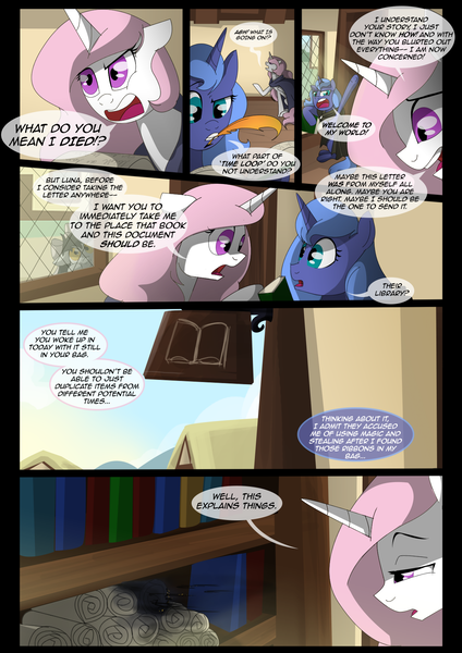 Size: 1240x1754 | Tagged: safe, artist:lunarcakez, derpibooru import, princess celestia, princess luna, oc, oc:mazzy, pony, comic:the origins of hollow shades, book, cloak, clothes, comic, mouth hold, pink-mane celestia, quill, s1 luna, scroll