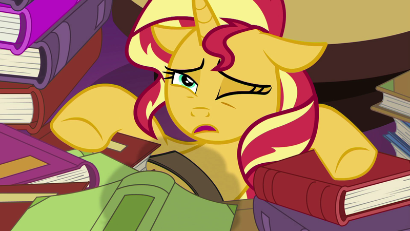 Size: 1920x1080 | Tagged: safe, derpibooru import, screencap, sunset shimmer, pony, unicorn, equestria girls, mirror magic, spoiler:eqg specials, book, female, floppy ears, hooves, one eye closed, twilight's castle