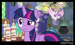 Size: 640x386 | Tagged: safe, derpibooru import, edit, edited screencap, editor:teren rogriss, screencap, princess flurry heart, twilight sparkle, twilight sparkle (alicorn), alicorn, pony, best gift ever, alcohol, baby, baby pony, bottle, cauldron, female, filly, flying, foal, food, glowing horn, hooves, horn, kitchen, lemon, levitation, magic, mare, spread wings, stolichnaya, telekinesis, twilight's castle, vodka, wings