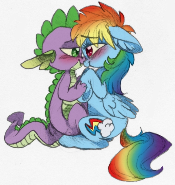 Size: 715x755 | Tagged: safe, artist:xenon, derpibooru import, rainbow dash, spike, dragon, pegasus, pony, blushing, cute, daaaaaaaaaaaw, female, hug, looking at each other, male, mare, rainbowspike, shipping, simple background, spikelove, straight, white background