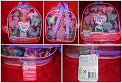 Size: 2374x1615 | Tagged: safe, derpibooru import, bee bop, skywishes, triple treat, earth pony, pony, backpack, brush, clothes, cup, female, g3, hat, irl, mare, mirror, photo, playset, ponyville tea party, sunset sweety, teacup, teapot, toy