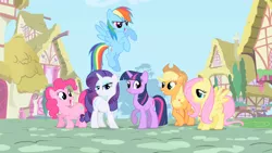 Size: 1280x720 | Tagged: safe, derpibooru import, screencap, applejack, fluttershy, pinkie pie, rainbow dash, rarity, twilight sparkle, earth pony, pegasus, pony, unicorn, mane six, opening, ponyville, theme song, unicorn twilight