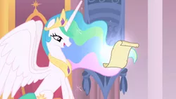 Size: 1280x720 | Tagged: safe, derpibooru import, screencap, princess celestia, alicorn, pony, canterlot castle, crown, ethereal mane, female, flowing mane, jewelry, letter, lidded eyes, mare, open mouth, opening, proud, regalia, sitting, smiling, solo, spread wings, theme song, throne, throne room, wings