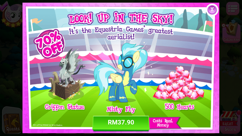 Size: 1280x720 | Tagged: safe, derpibooru import, official, king grover, misty fly, gryphon, pegasus, pony, advertisement, costs real money, female, gameloft, gregor, mare, sale, statue