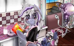 Size: 1920x1200 | Tagged: safe, artist:brainiac, derpibooru import, oc, oc:ginger ale, oc:whiskey lullaby, cat, cat pony, elephant, original species, pony, apron, blushing, bowl, cereal box, chest fluff, clothes, collar, cook book, cute, fallout, female, housewife, kitchen, lined paper, looking up, mare, milk, mother and child, mother and daughter, mr handy, plushie, pony pet, shirt, smiling, spoon, wholesome