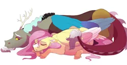 Size: 2900x1500 | Tagged: safe, artist:uunicornicc, derpibooru import, discord, fluttershy, draconequus, pegasus, pony, cute, discoshy, discute, ear fluff, female, floppy ears, high res, leg fluff, male, mare, pregnant, prone, shipping, shyabetes, simple background, snuggling, straight, unshorn fetlocks, white background