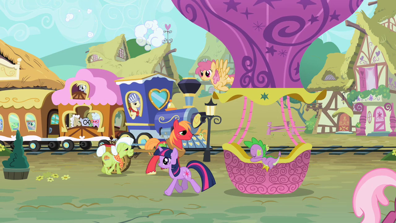 Size: 1280x720 | Tagged: safe, derpibooru import, screencap, big macintosh, cheerilee, chelsea porcelain, derpy hooves, dizzy twister, geri, granny smith, mr. waddle, orange swirl, spike, steamer, twilight sparkle, dragon, earth pony, pegasus, pony, unicorn, baby, baby dragon, friendship express, hot air balloon, opening, theme song, twinkling balloon, unicorn twilight