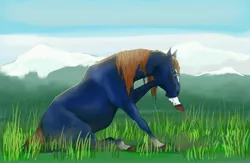 Size: 4900x3200 | Tagged: safe, artist:chepe, derpibooru import, oc, oc:spec steele, unofficial characters only, horse, pony, draft horse, glasses, grass, male, mountain, palindrome get, scenery, solo, stallion