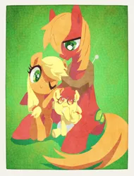 Size: 489x644 | Tagged: safe, artist:miga, derpibooru import, apple bloom, applejack, big macintosh, earth pony, pony, apple siblings, apple sisters, baby, baby apple bloom, baby pony, brother and sister, cute, drool, female, filly, filly applejack, green background, hatless, hoof sucking, lineless, missing accessory, one eye closed, pixiv, siblings, simple background, sisters, teenage big macintosh, teenager, trio, wink, younger